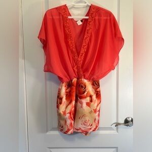 Janice Romper, sheer top with floral bottoms, pink, coral, size large